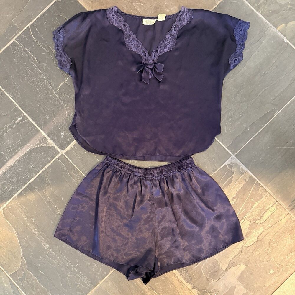 Vintage Victorias Secret Navy Satin Pajama Set Top & Shorts
